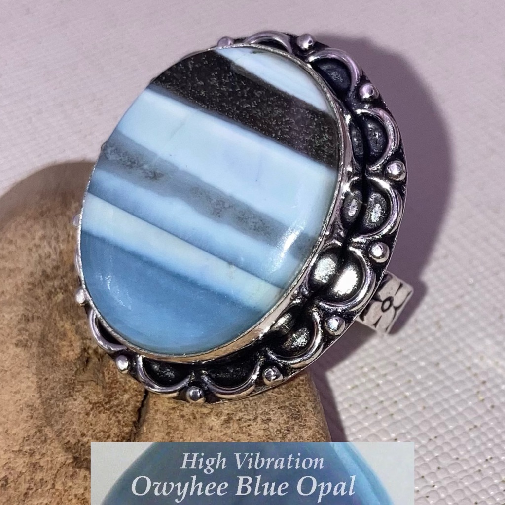 Elegant Striped Owyhee Blue Opal Gemstone Handmade Halo Ring